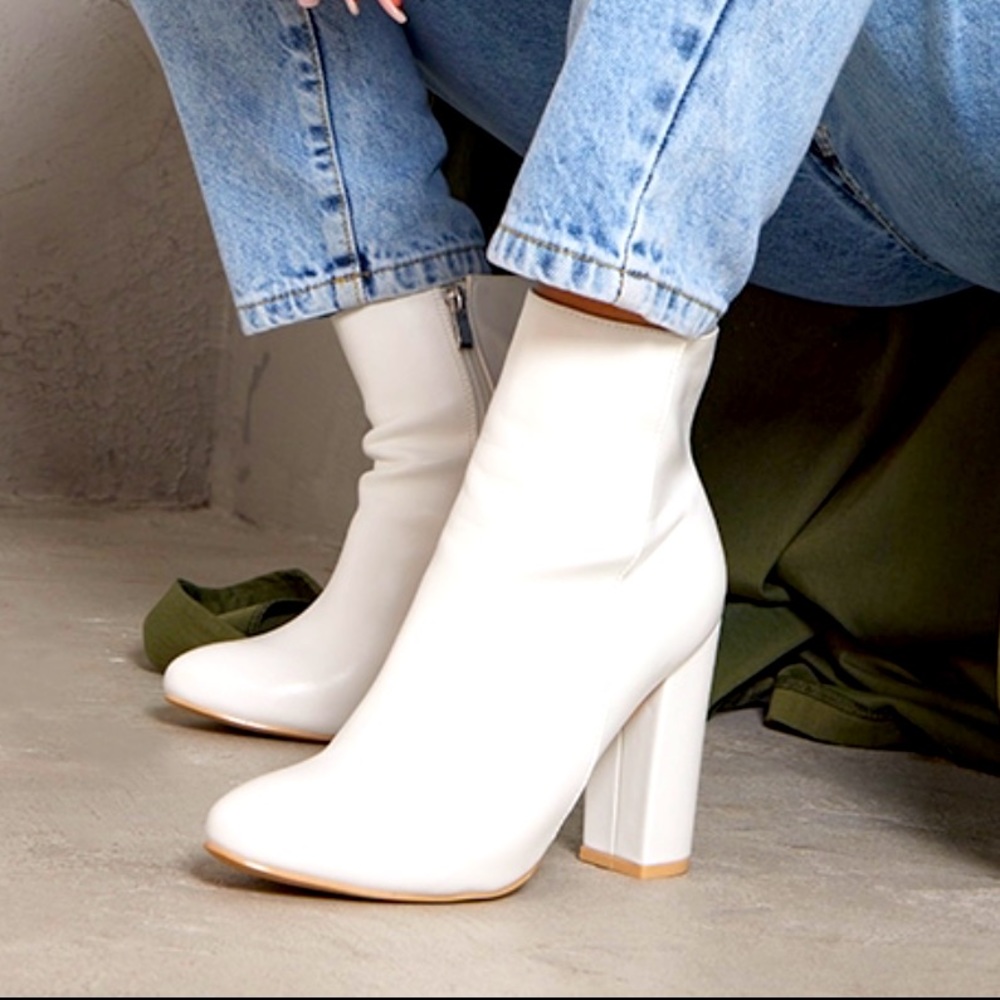 Pretty Little Thing white faux leather boots